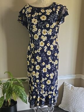 Perceptions Navy Floral Midi Dress with Yellow Blooms